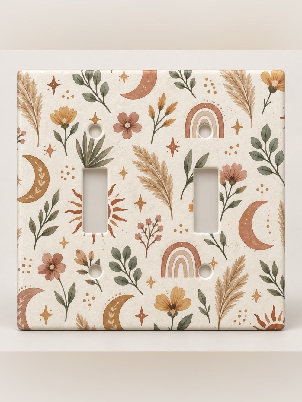 Boho Sun Moon Floral Double Light Switch Cover Rainbow Botanical Neutral Decor